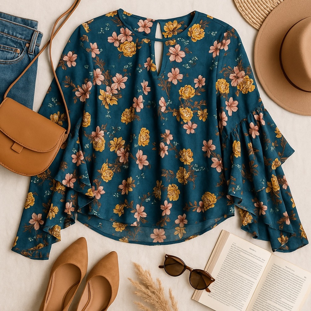 Lily White Teal Floral Ruffle Sleeve Blouse Size Medium